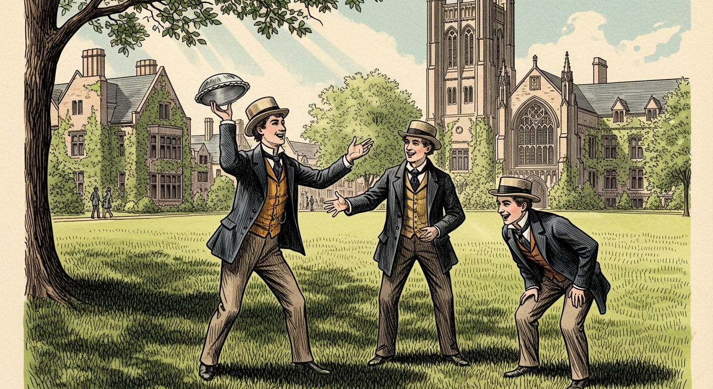 Vintage illustration of Yale students on a sunny campus green in the late 19th century, laughing and tossing a metal pie tin. The architecture of Yale University is visible in the background. Nostalgic, warm tones, detailed, hand-drawn style.