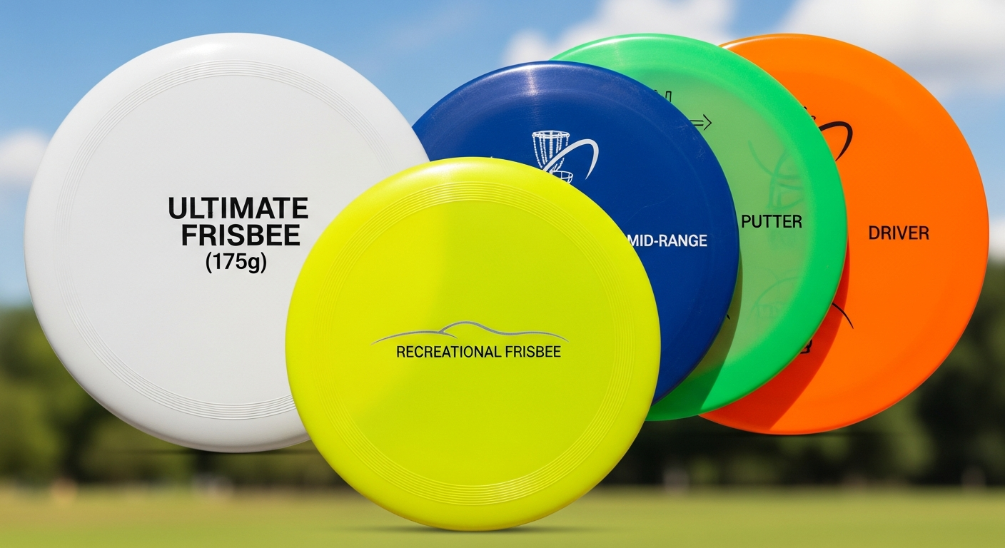 Collage of different types of modern flying discs: a lightweight recreational frisbee, a rigid 175g Ultimate Frisbee disc, and a set of disc golf drivers, mid-range, and putters. Each disc should be clearly distinguishable and labeled subtly with its purpose. Bright, outdoor lighting, dynamic composition.