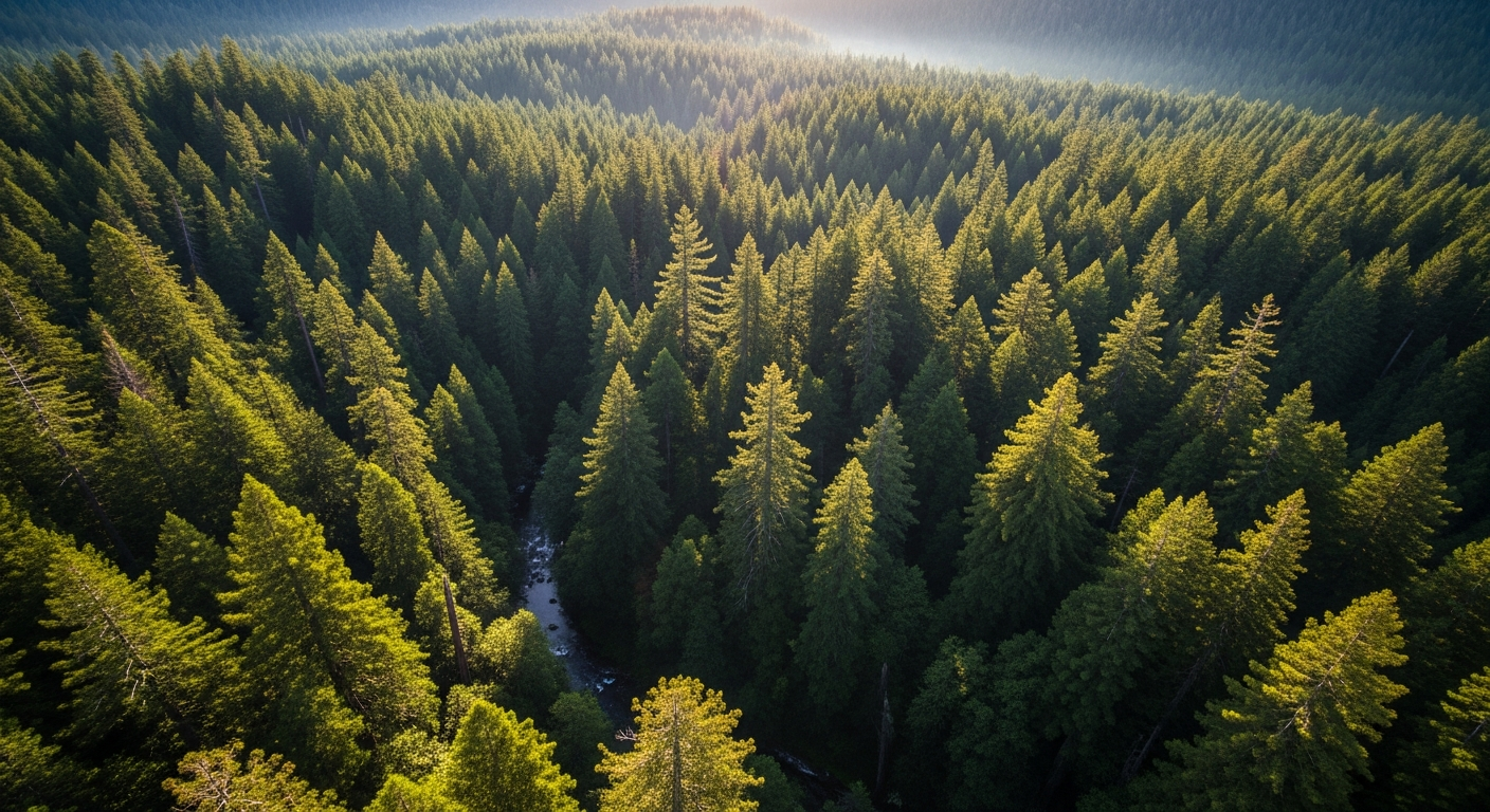 An aerial shot of a dense, ancient old-growth coastal redwood forest in Northern California, emphasizing the immense height and contiguous canopy of the trees, with a winding river visible below. The light filters dramatically through the canopy.