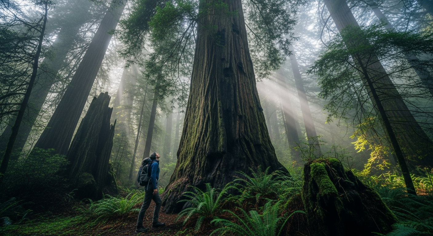 A hiker stands dwarfed by a massive coastal redwood tree in a misty, ethereal forest setting, looking up in awe. The scene conveys a sense of peace, reverence, and the immense scale of nature.