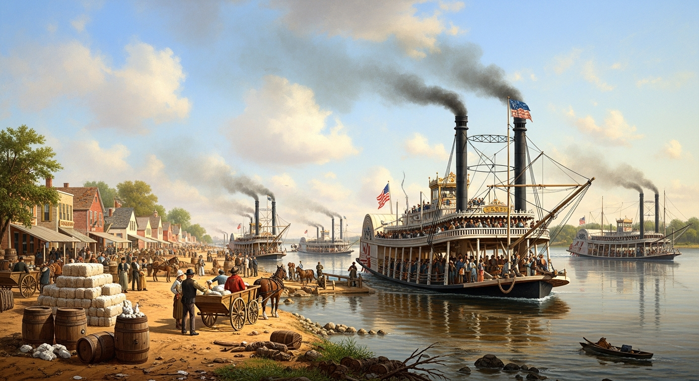 An oil painting style image depicting a vibrant scene on the Mississippi River during the 1850s golden age of steamboats. Multiple ornate paddle-wheelers with tall smokestacks are actively traversing the river. One steamboat is pulling away from a bustling riverfront landing, with passengers waving from decks. The riverbank is lined with small towns, bales of cotton, barrels, and horse-drawn carts, indicating lively trade. The sky is clear with a few white clouds, and the sun casts a warm glow. Include lush river foliage in the background. The atmosphere is energetic and prosperous, showcasing both commerce and travel.