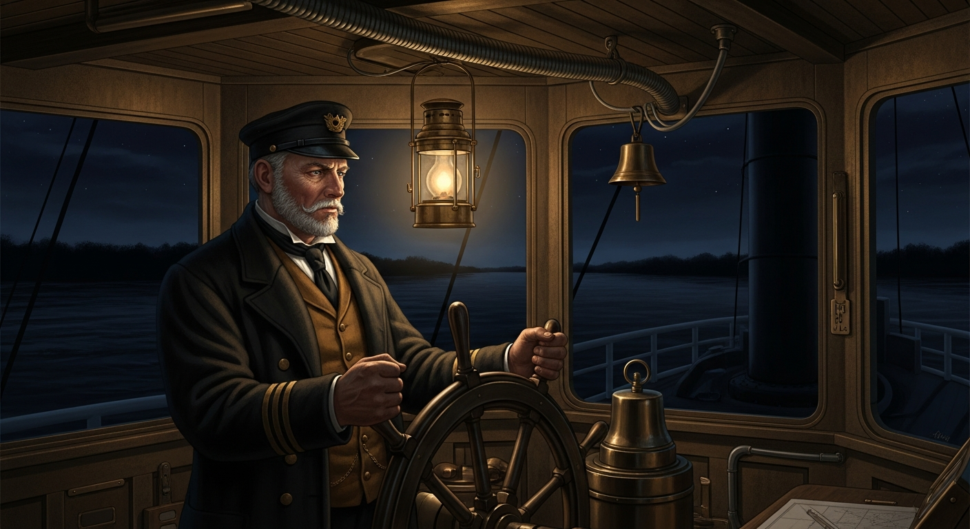 A historically accurate, dramatic illustration of a steamboat pilot standing intently in the pilothouse of a Mississippi River steamboat at night. The pilot, likely in period attire, is gripping the steering wheel, his face illuminated by the soft glow of a lantern or the light reflecting from the river. Outside the windows, the river appears dark and mysterious, with only the faint outline of the banks and possibly some stars visible. The image should convey the immense responsibility and skill required, with a sense of quiet concentration and the ever-present danger of the unseen river ahead. Include details like the pilothouse's interior, such as a speaking tube or a bell pull.