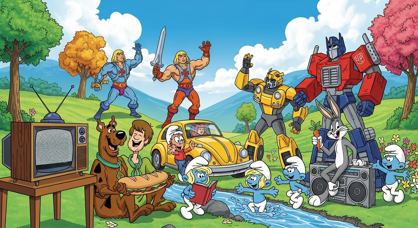 An illustration in the style of 1980s cartoon art, showing various classic Saturday morning cartoon characters (Scooby-Doo, Smurfs, He-Man, Transformers Optimus Prime, Bugs Bunny) interacting joyfully together in a vibrant, colorful landscape, with a retro TV set in the background. The art should evoke nostalgia and a golden era of animation.