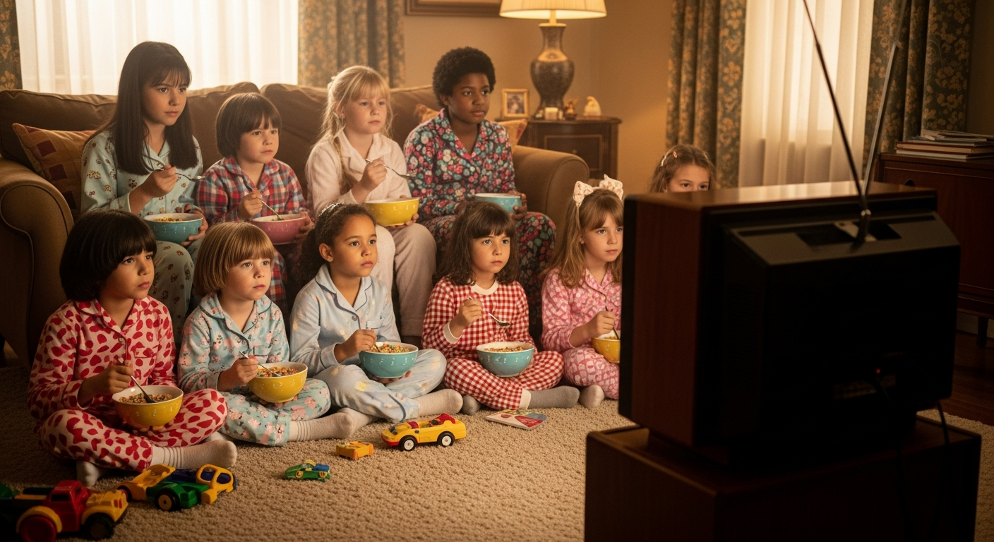 A warm, nostalgic photograph depicting a living room on a Saturday morning in the 1980s. A group of diverse children in pajamas are sitting on a plush rug, bowls of colorful cereal in hand, gazing intently at a glowing, boxy CRT television set. The room is softly lit with morning light, and there are classic toys scattered around. The atmosphere is cozy, joyful, and serene.