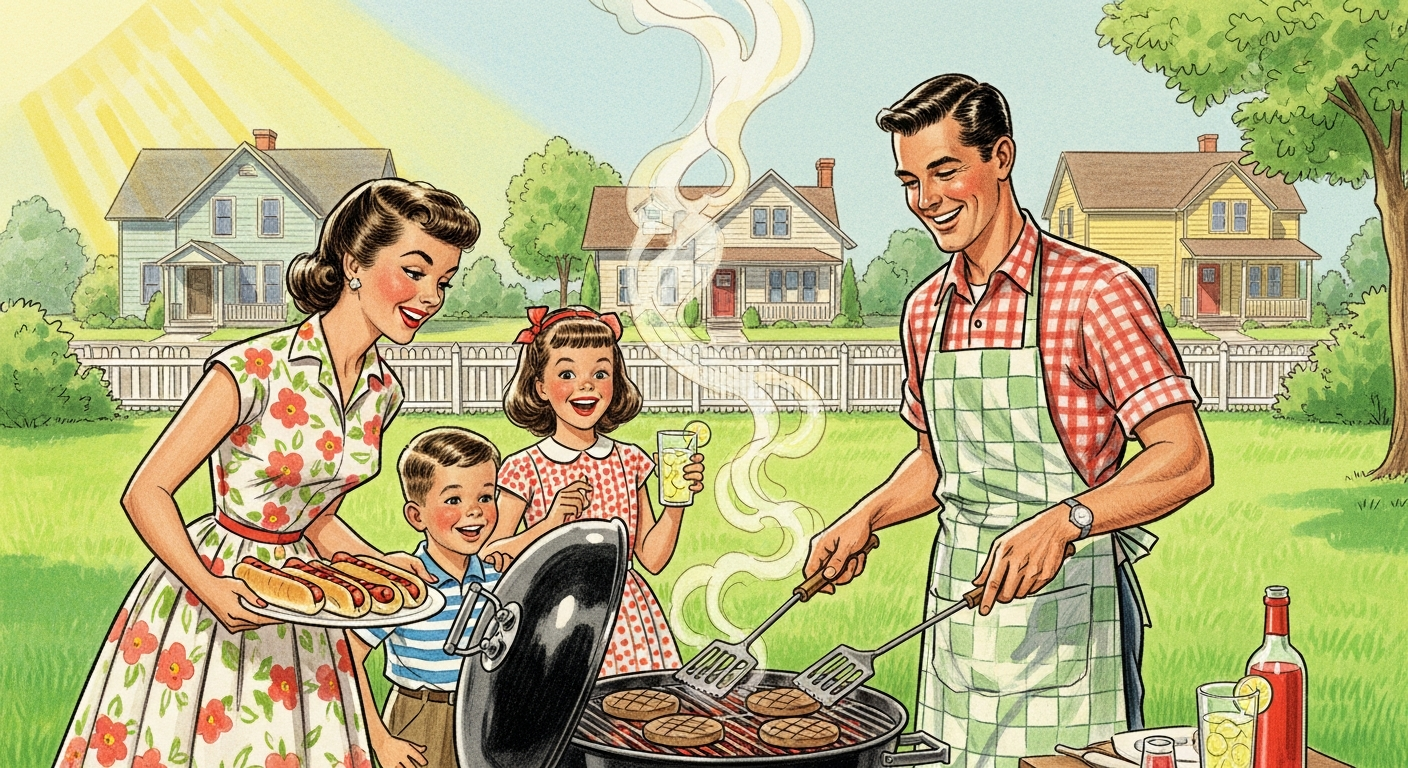 A nostalgic illustration of a family in a 1950s suburban backyard, gathered around a classic charcoal kettle grill. The father is proudly flipping burgers, smoke gently wafting. The mother and children are smiling, with pastel-colored houses and a green lawn in the background. Emphasize warmth and community.