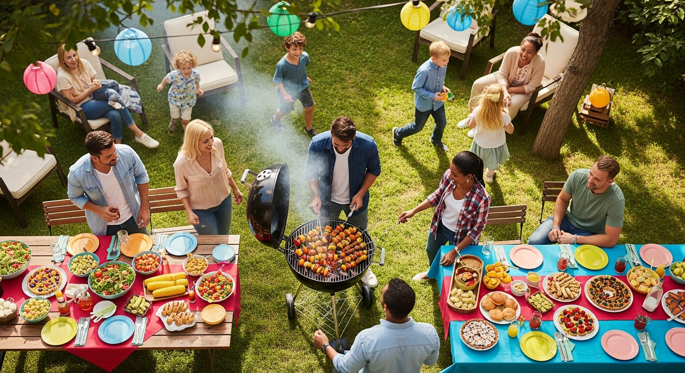 An overhead shot of a diverse group of friends and family enjoying a vibrant backyard barbecue. The scene is filled with laughter, colorful food spreads, and several different people interacting. Focus on the sense of community and happiness, with the charcoal grill at the center of the activity.