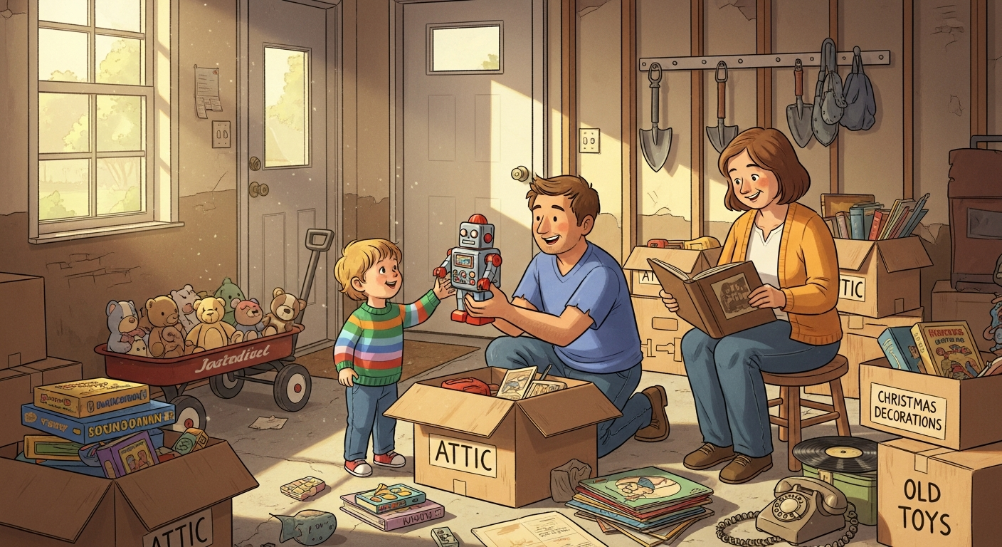 A warm, nostalgic illustration of a family (parents and a child) happily sorting through boxes of old items in a suburban garage, bathed in soft morning light. The items include vintage toys, books, and household goods. The style should evoke Clara Higgins' persona: warm, descriptive, and community-centered.