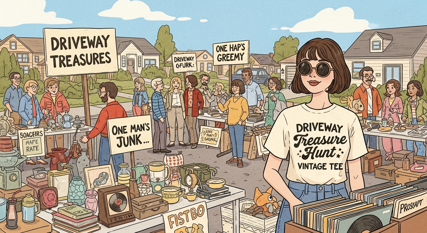 A cheerful illustration of a vibrant neighborhood garage sale in full swing, with people browsing tables laden with various items. Hand-drawn signs are visible, and neighbors are chatting. The overall atmosphere is community-focused, sunny, and slightly retro, reflecting the 'treasure hunt' theme. A person in a 'Driveway Treasure Hunt Vintage Tee' is visible among the shoppers.