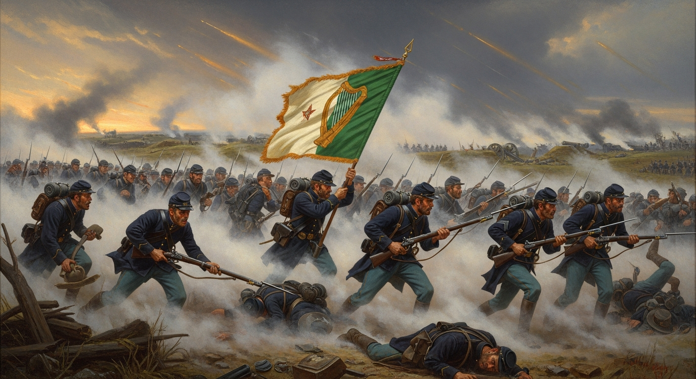 An oil painting depicting the Irish Brigade's charge at Fredericksburg, showing soldiers advancing under a green flag with an Irish harp amidst heavy smoke and Confederate defenses. Emphasize the chaos and determination.