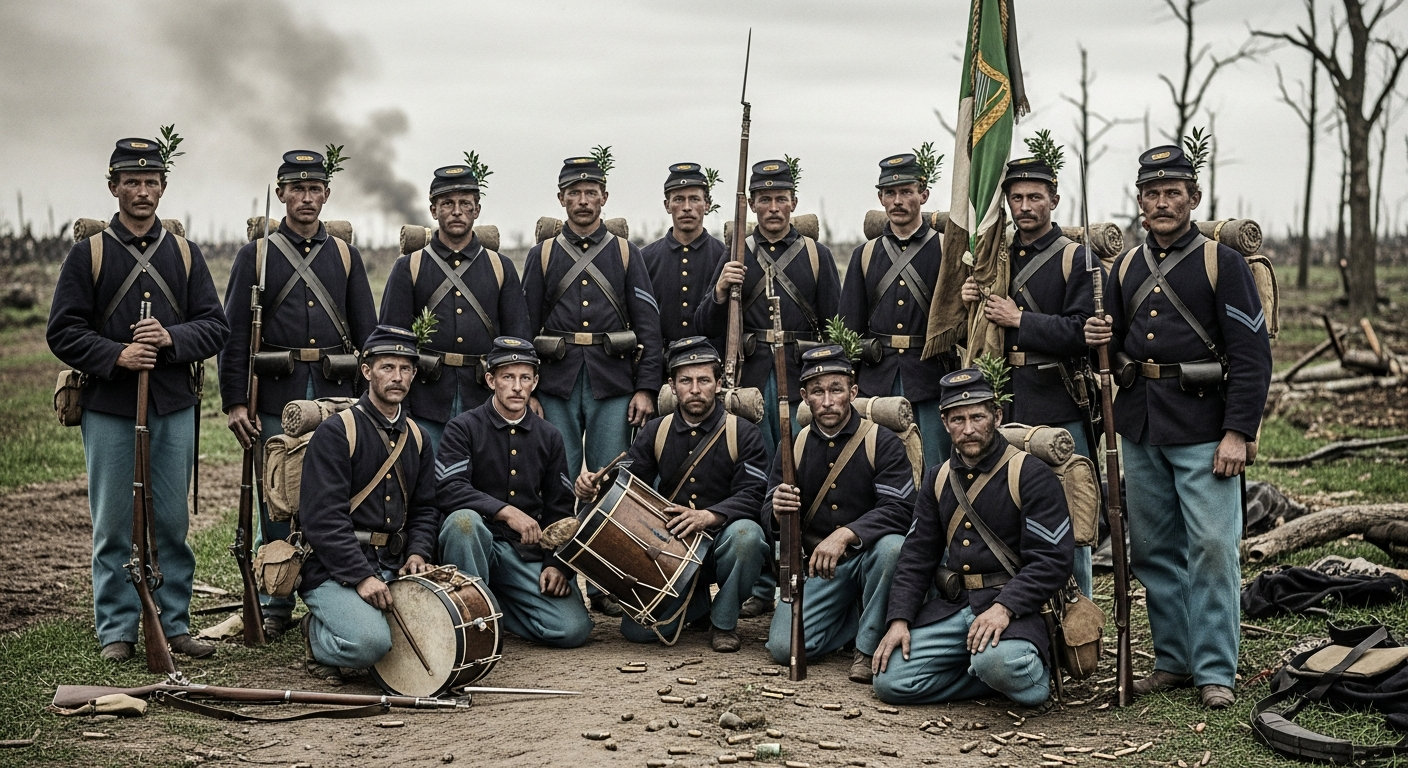A historical photograph or realistic illustration of a group of Irish Brigade soldiers, some with sprigs of boxwood in their caps, looking resolute but weary after a battle. Show their distinctive uniforms and equipment.