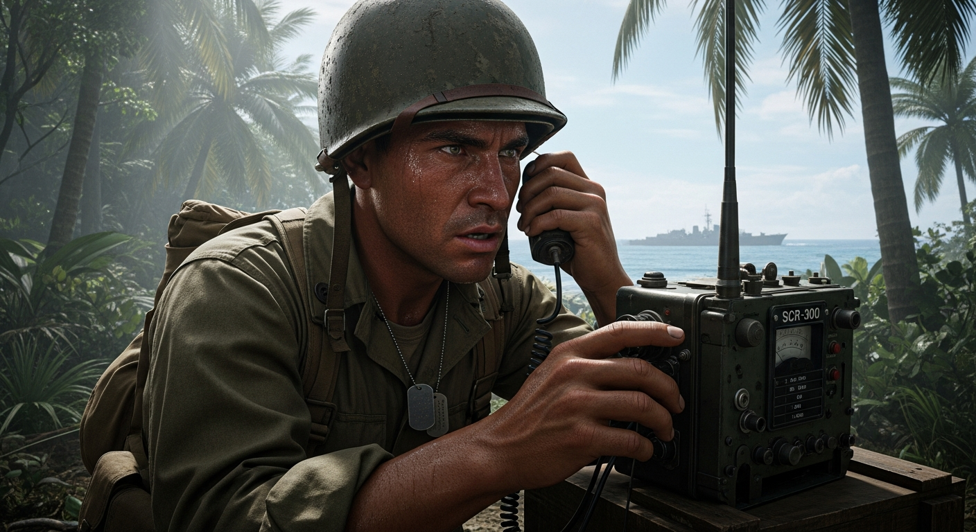 A powerful image showing a U.S. Marine Code Talker, possibly on a beach or in a jungle setting during WWII, with a radio, deep in concentration. The background should hint at the Pacific theater, perhaps with palm trees or a distant naval vessel. The mood is serious and focused, emphasizing the critical role of communication.