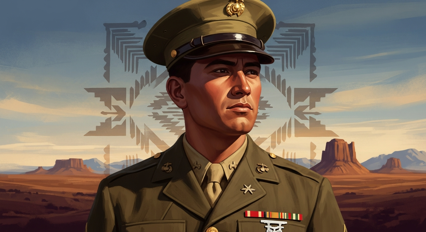 An artistic and respectful depiction of a Navajo Code Talker wearing his Marine uniform, perhaps with a subtle nod to Navajo cultural elements in the background (e.g., a faint pattern, a stylized landscape). The image should evoke honor, heroism, and the blend of cultural heritage with military service.