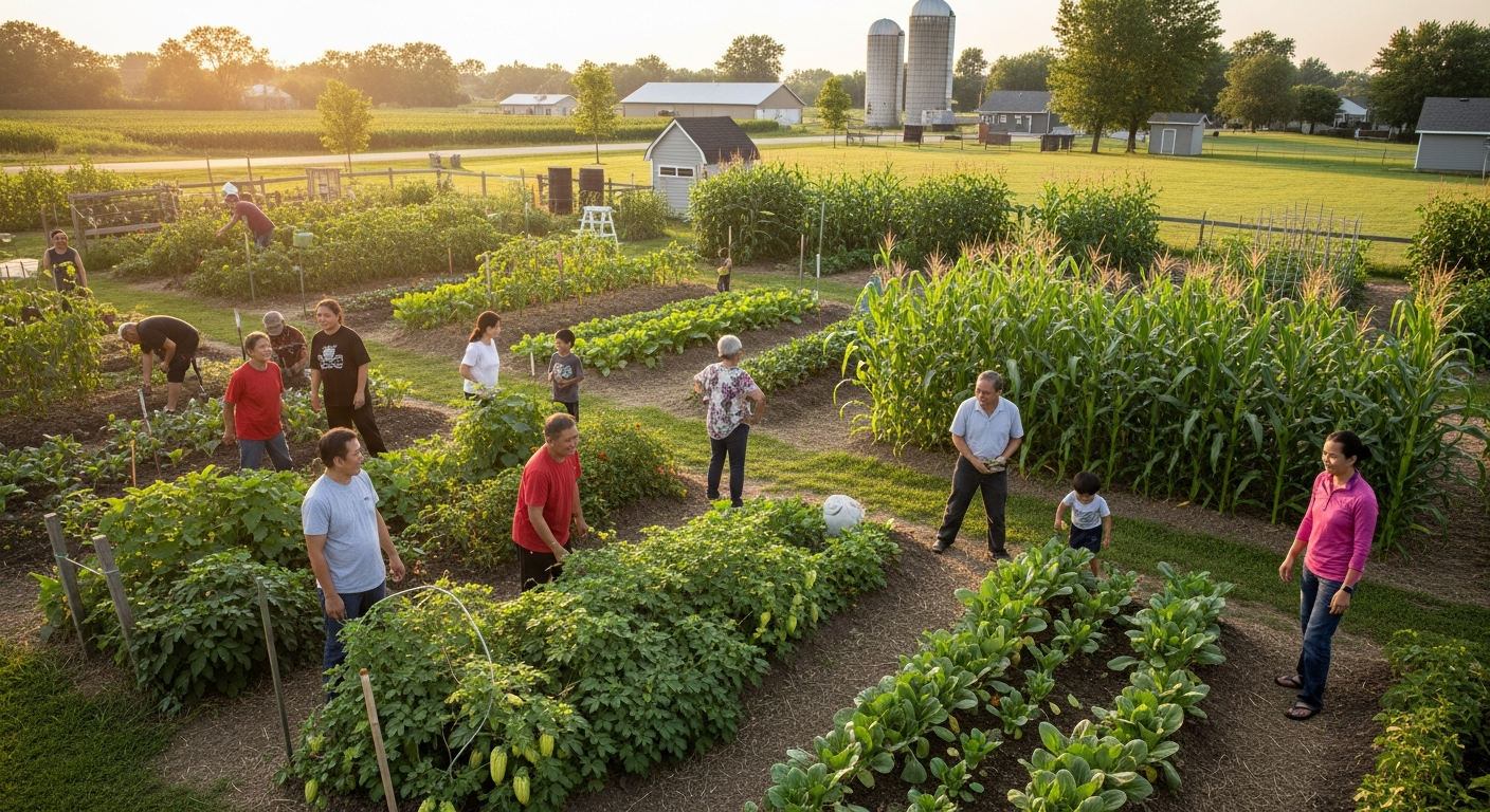 An aerial view of a verdant community garden in a Midwestern town, with diverse plots showing various vegetables, some recognizable as traditional Lao crops (like bitter melon or bok choy) alongside corn and tomatoes. Several families, including Lao and non-Lao individuals, are tending the plots, laughing and sharing. Soft, warm sunlight. Include subtle agricultural architecture of the Midwest in the background.
