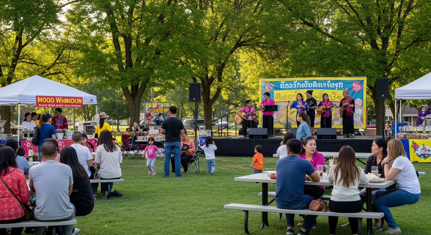 A lively Lao community festival taking place in a Midwestern park. People of all ages, both Lao and local residents, are enjoying traditional Lao music and dance performances on a small stage. Food stalls offer various Laotian dishes. Children are playing, and groups are gathered at picnic tables, talking and laughing. The atmosphere is warm, inclusive, and joyful, with elements of both Lao and Midwestern aesthetics subtly blended.