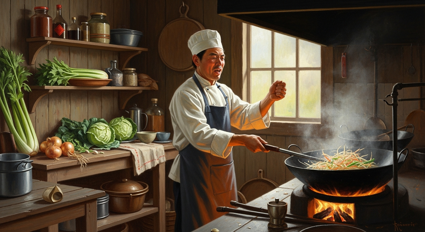 An oil painting style image of a bustling, rustic kitchen in a California Gold Rush town in the mid-19th century. A Chinese chef, with a focused expression, is vigorously stir-frying ingredients in a large wok over an open flame. The kitchen is simple, with wooden shelves holding basic supplies and local vegetables like celery, onions, and cabbage. There's a subtle glow from the fire, illuminating the chef's face and the steam rising from the wok. The atmosphere is one of resourceful activity and culinary innovation.