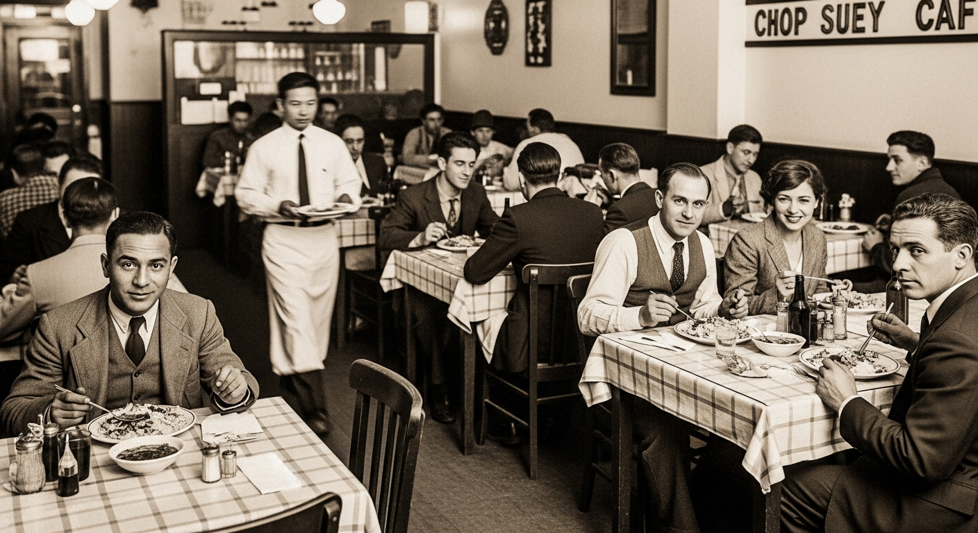 A nostalgic, sepia-toned photograph of an old American-Chinese restaurant interior from the 1920s or 30s. The restaurant, possibly called 'Chop Suey Café' or similar, has simple wooden tables and chairs, possibly checkered tablecloths. Diverse customers (a mix of working-class men and perhaps a bohemian couple) are enjoying plates of Chop Suey and other dishes. There's a sense of lively, casual dining. The walls might have simple, decorative Chinese-inspired elements. A waiter, dressed in a white shirt, is moving between tables. The overall mood is warm, inviting, and bustling.