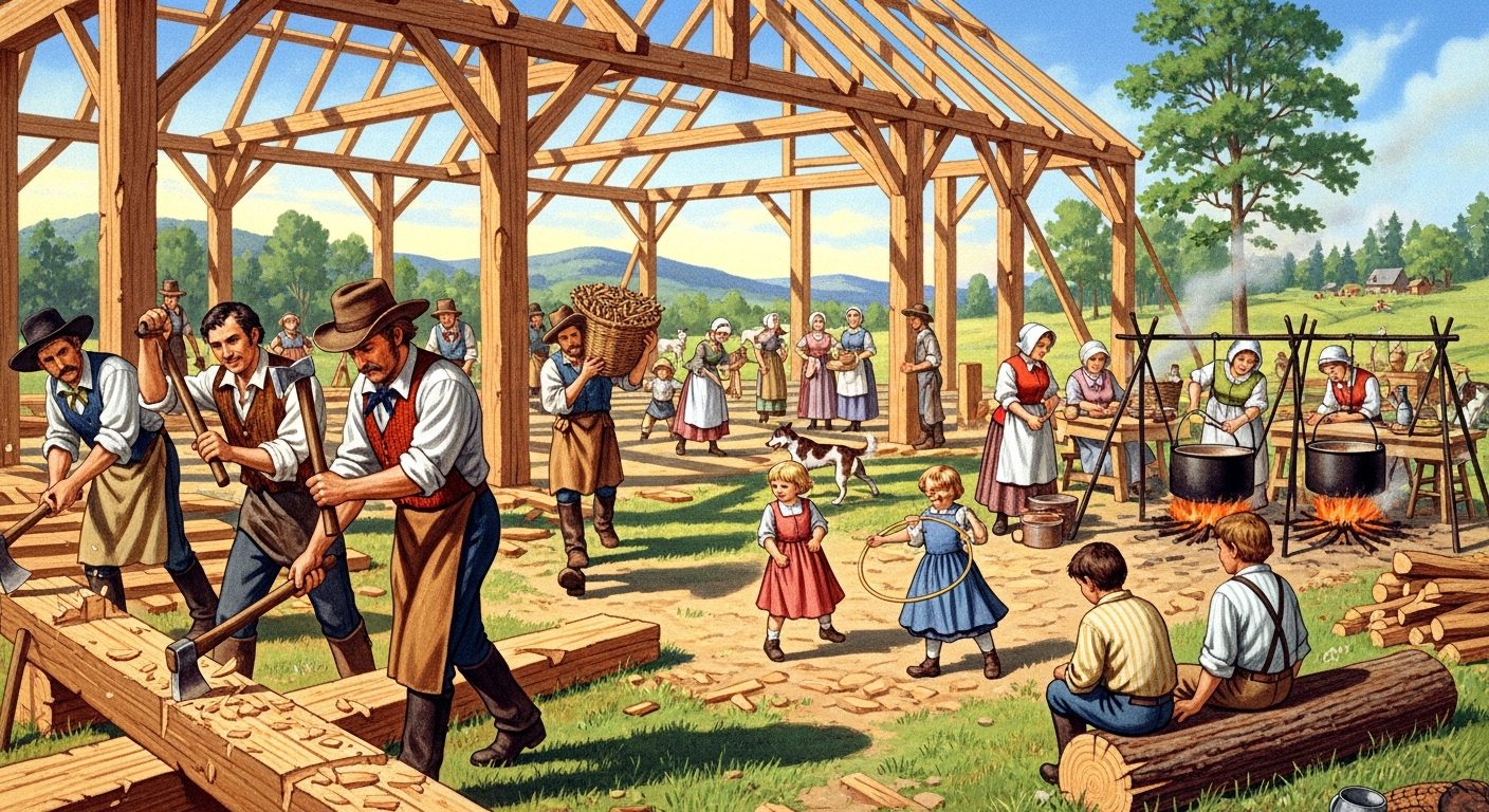 An illustration or painting depicting a bustling 19th-century American frontier barn raising. Show men using axes and adzes to hew timber, others carrying wooden pegs. In the background, women are gathered around outdoor cooking fires, preparing food, and children are playing nearby. Emphasize the collaborative, multi-generational effort with bright, active colors.