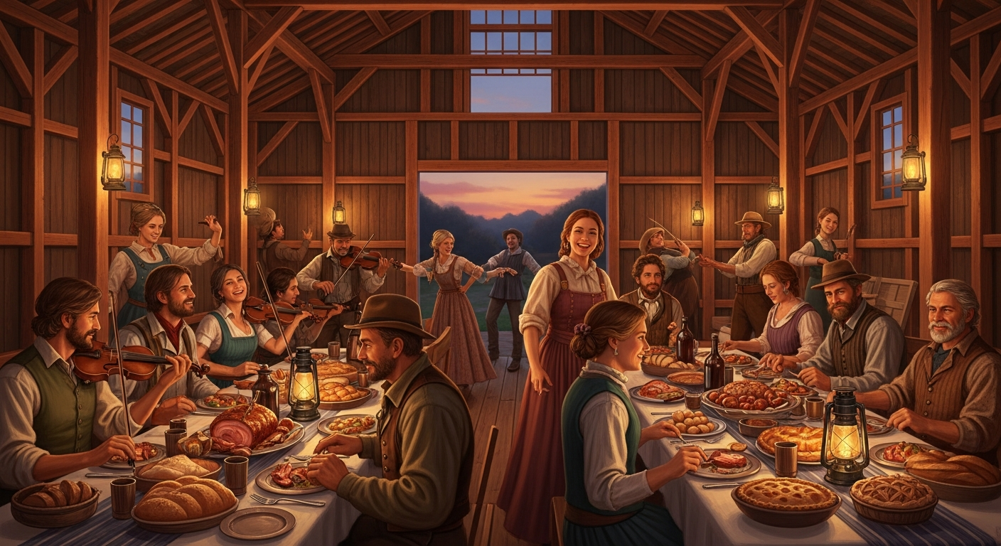 A warm, inviting scene of a celebration feast inside a newly framed barn on the American frontier. Show people laughing, eating at long tables laden with food (roasted meats, bread, pies), and some individuals playing fiddles or dancing. The atmosphere should be joyful and communal, with lanterns casting a soft glow on the wooden beams of the new barn at dusk.