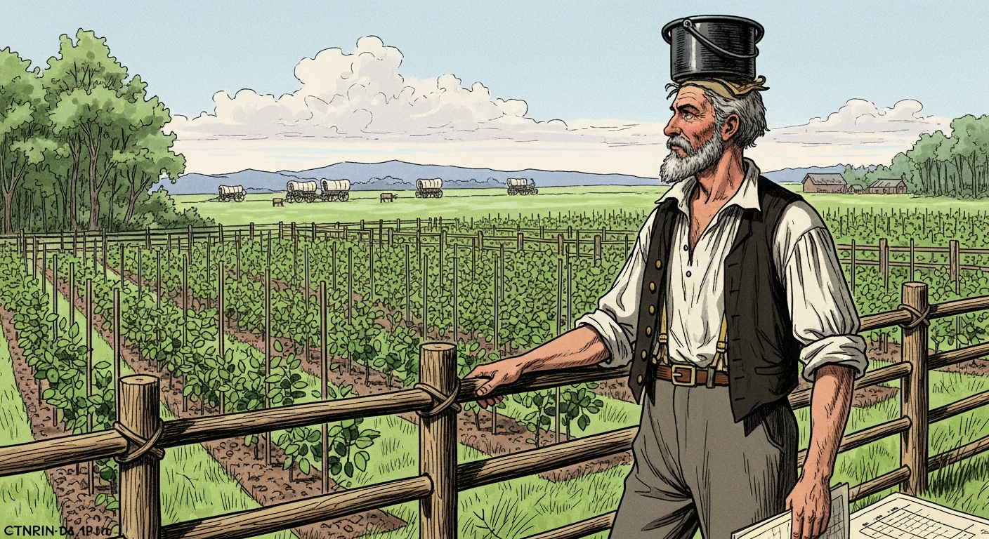 An illustration of the real John Chapman (Johnny Appleseed) as a shrewd but kind entrepreneur. He's standing by a meticulously fenced apple nursery with young saplings, looking towards a horizon where pioneer wagons are distantly visible. He's wearing simple, practical clothing but no pot on his head. Perhaps a ledger or map is visible in his hand or nearby. The scene is set in early 19th-century Ohio or Indiana, showing a blend of wilderness and early settlement.