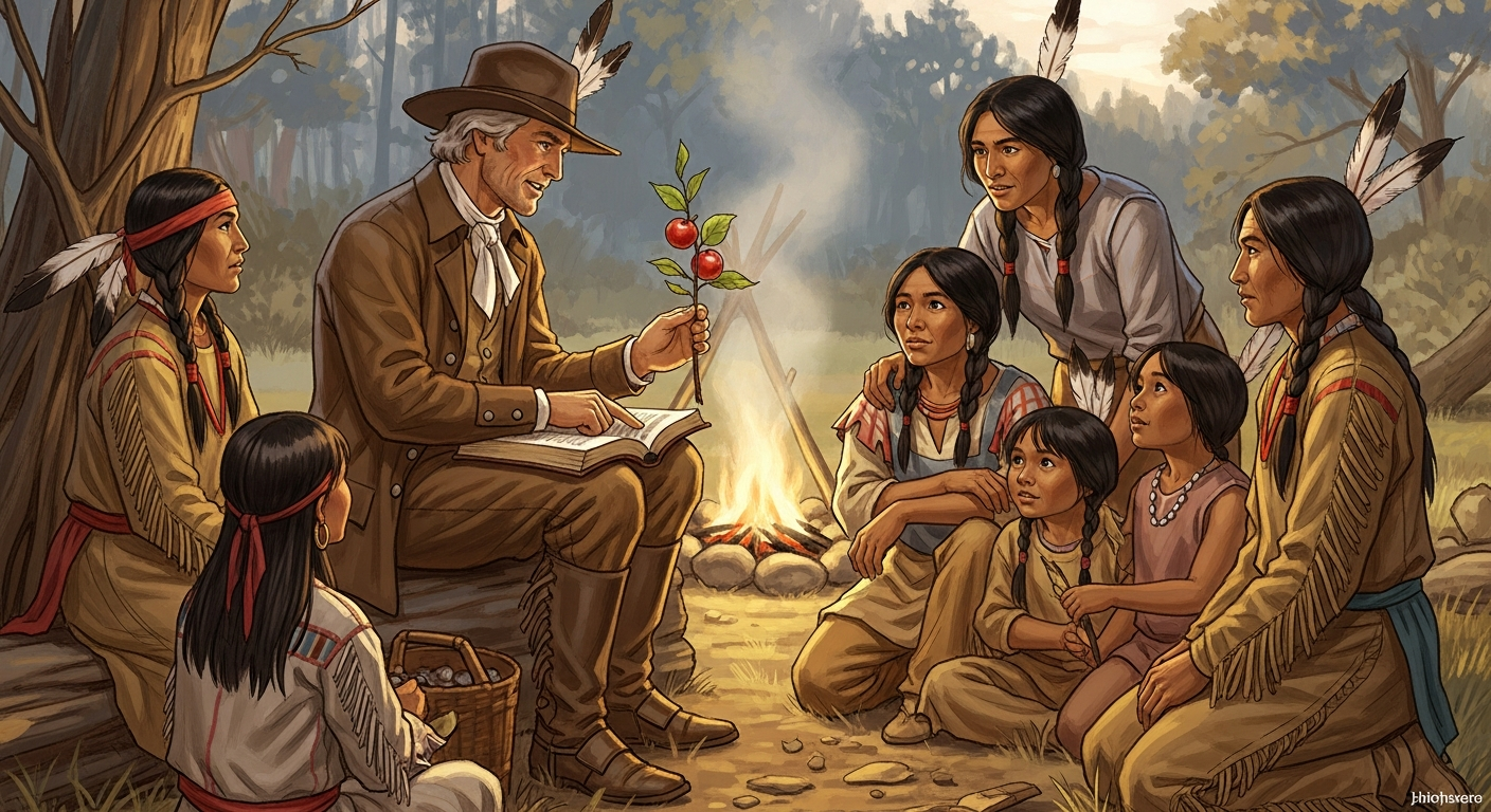A warm, historical illustration depicting John Chapman (Johnny Appleseed) interacting peacefully with Native American children and families. He is sharing a story from a book (perhaps a Bible) or showing them an apple sapling. The setting is a clearing in the frontier wilderness, with a campfire gently smoking in the background. The atmosphere is one of mutual respect and learning, with diverse faces illuminated by natural light.