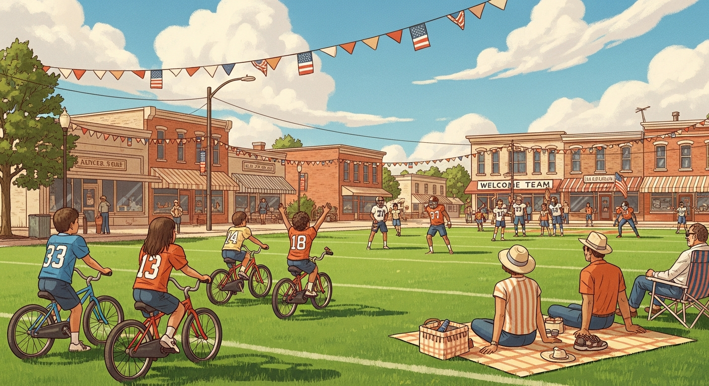 An illustration in a warm, nostalgic style depicting a classic American small-town scene. In the foreground, children are on bicycles, excitedly watching professional football players practice on a green field. A few adults are sitting on picnic blankets, enjoying the scene. In the background, quaint local businesses line a street, adorned with 'Welcome Team' banners. The sky is bright blue with fluffy white clouds, and the overall atmosphere is one of community, hope, and the quiet buzz of late summer transitioning to fall. Emphasize warm, inviting colors and a sense of shared Americana.