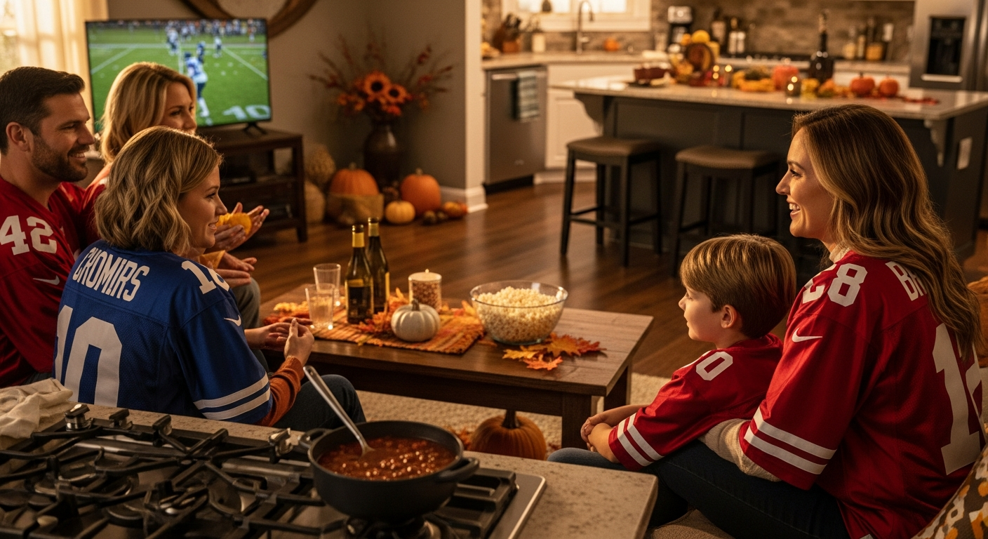 An inviting, cozy scene depicting the start of fall football traditions. A family (parents and a child) is gathered in a living room, perhaps wearing team jerseys, with a football game subtly playing on a TV in the background (focus on the family, not the TV screen). There's a pot of chili simmering on a stovetop visible in the open kitchen or a bowl of popcorn on a coffee table. Fall decorations like pumpkins or autumn leaves are present. The lighting is warm and golden, evoking comfort and anticipation for the season. The overall feeling should be 'home,' 'community,' and 'tradition,' aligning with Clara Higgins' persona.