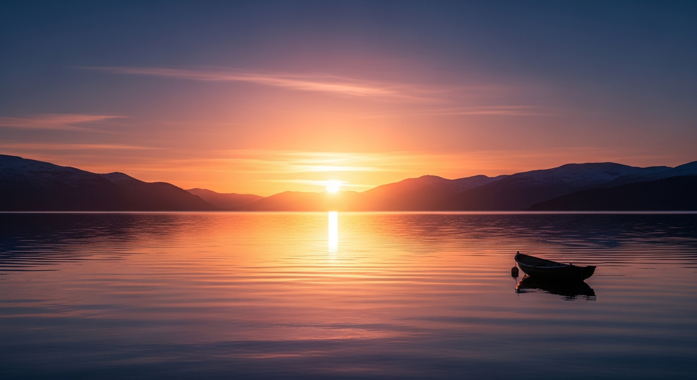 A dreamy, ethereal image of a 'midnight sun' phenomenon over a serene landscape, with soft, romantic lighting, suggesting a feeling of overwhelming love and wonder. Focus on warm, glowing colors.