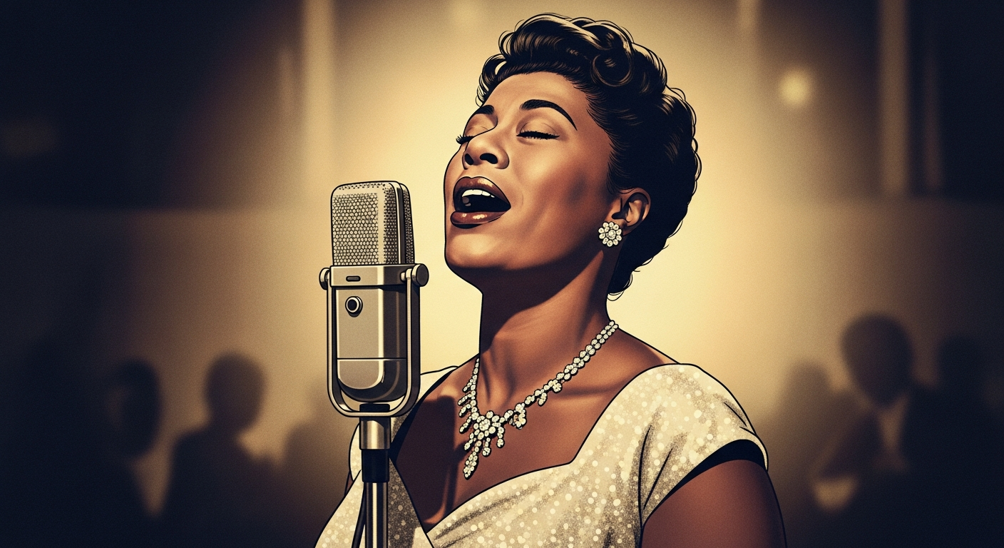 A vintage-style illustration or photo of Ella Fitzgerald singing into a classic microphone, with a subtle glow around her, evoking the golden age of jazz and the timeless quality of her performance of 'Midnight Sun'.