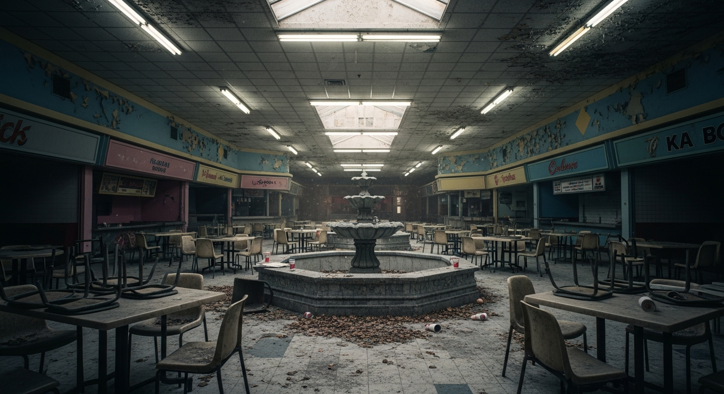 An empty, decaying 1980s shopping mall food court at dusk. Fluorescent lights flicker, casting long shadows. Faded pastel colors, an abandoned fountain, and empty plastic tables are visible. The atmosphere is nostalgic and eerie. Wide shot.