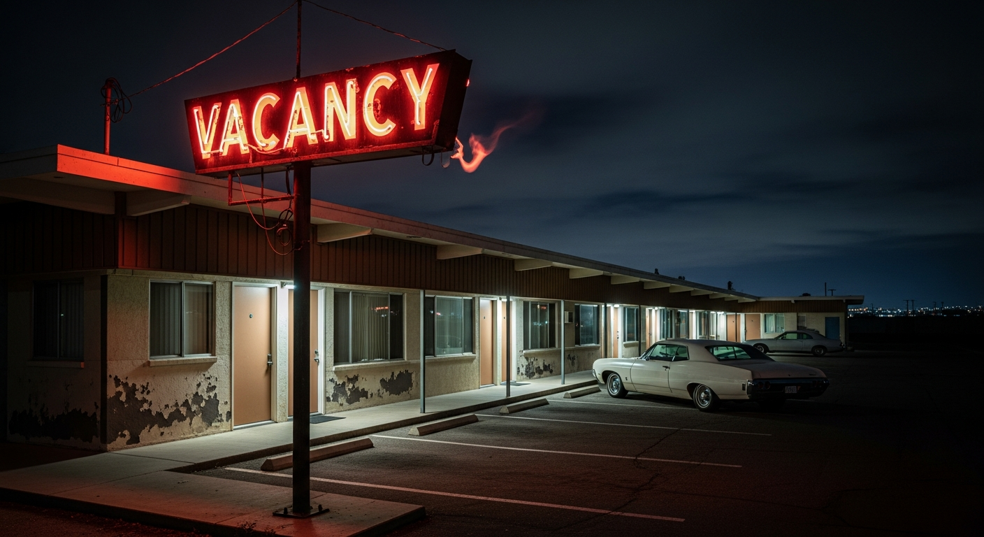 A vintage American motel exterior at night. A faded neon 'VACANCY' sign glows dimly. A long, empty parking lot with an old car or two. The motel rooms have external doors, some with a faint light inside. The architecture is distinctly mid-century, evoking a sense of transient beauty and quiet solitude. Focus on the motel sign.