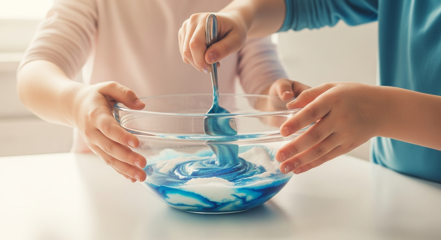 A close-up of children's hands mixing white glue, baking soda, and blue food coloring in a clear glass bowl with a spoon on a clean kitchen counter, bright and warm lighting, a slightly nostalgic filter, emphasizing the joy of a simple home experiment.