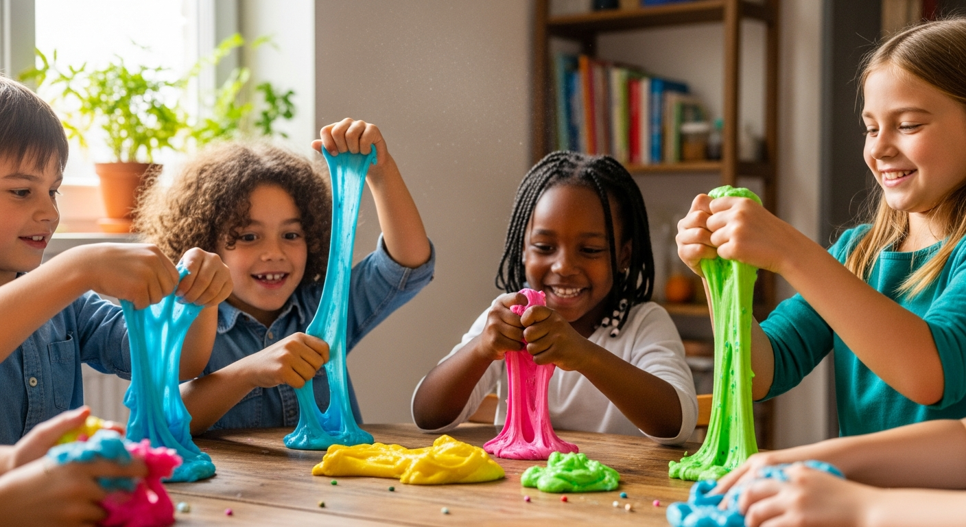 A diverse group of happy children (ages 6-10) sitting around a wooden kitchen table, completely engrossed in playing with various colorful slimes. Their hands are deep in the gooey material, stretching and squishing. The background is a warm, inviting home setting with soft natural light, showcasing the pure joy and focus of sensory play.