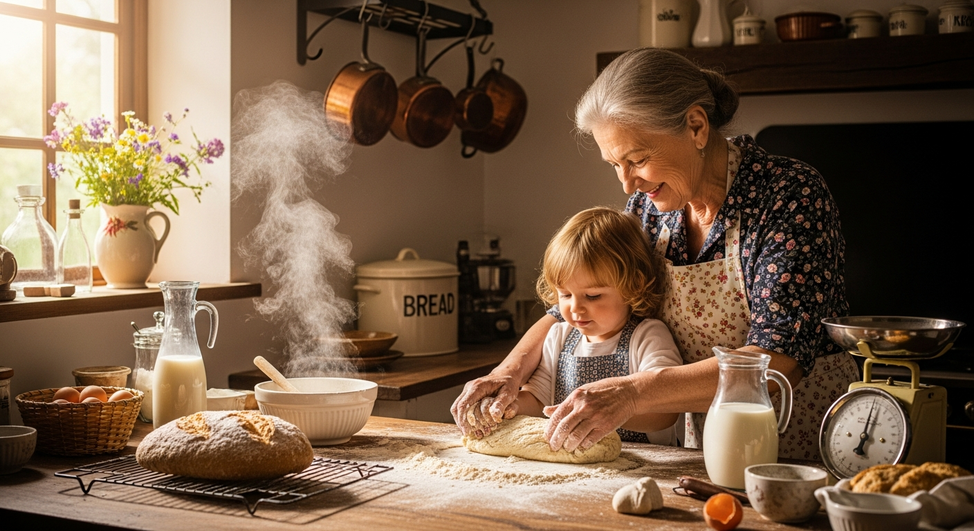 A cozy, sunlit kitchen scene with a grandmother and grandchild baking bread from scratch, flour dusted hands, warm light, embodying heritage cooking and simple life. Focus on their interaction and the warmth of the traditional kitchen.