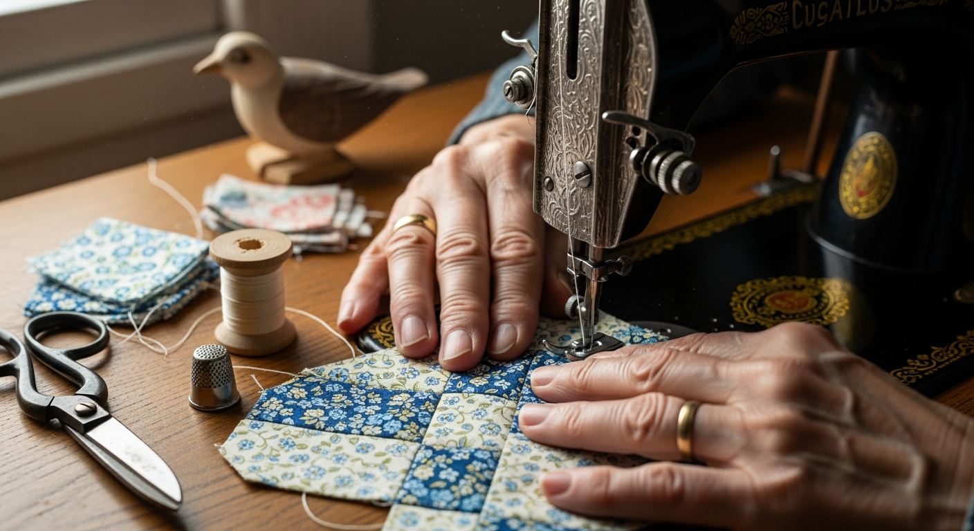 A close-up of hands engaged in a heritage craft, perhaps quilting or woodworking, surrounded by traditional tools (e.g., wooden spool of thread, hand plane), natural lighting, illustrating slow living and the beauty of handmade objects.