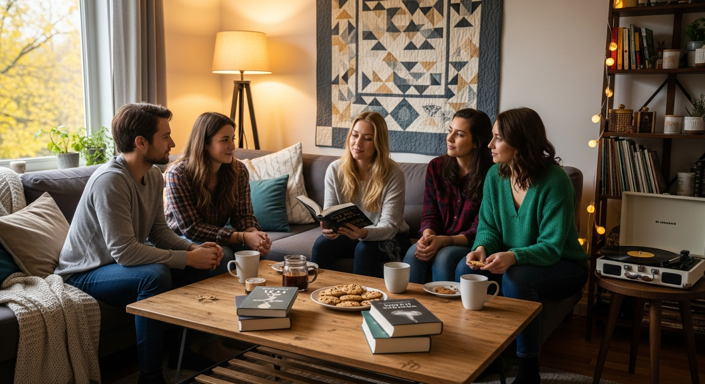 A cozy, inviting scene of a modern book club meeting in a home, with friends gathered around a table with books, warm drinks, and a small plate of homemade treats, perhaps a quilt or a handmade craft in the background, evoking a sense of community and warmth.